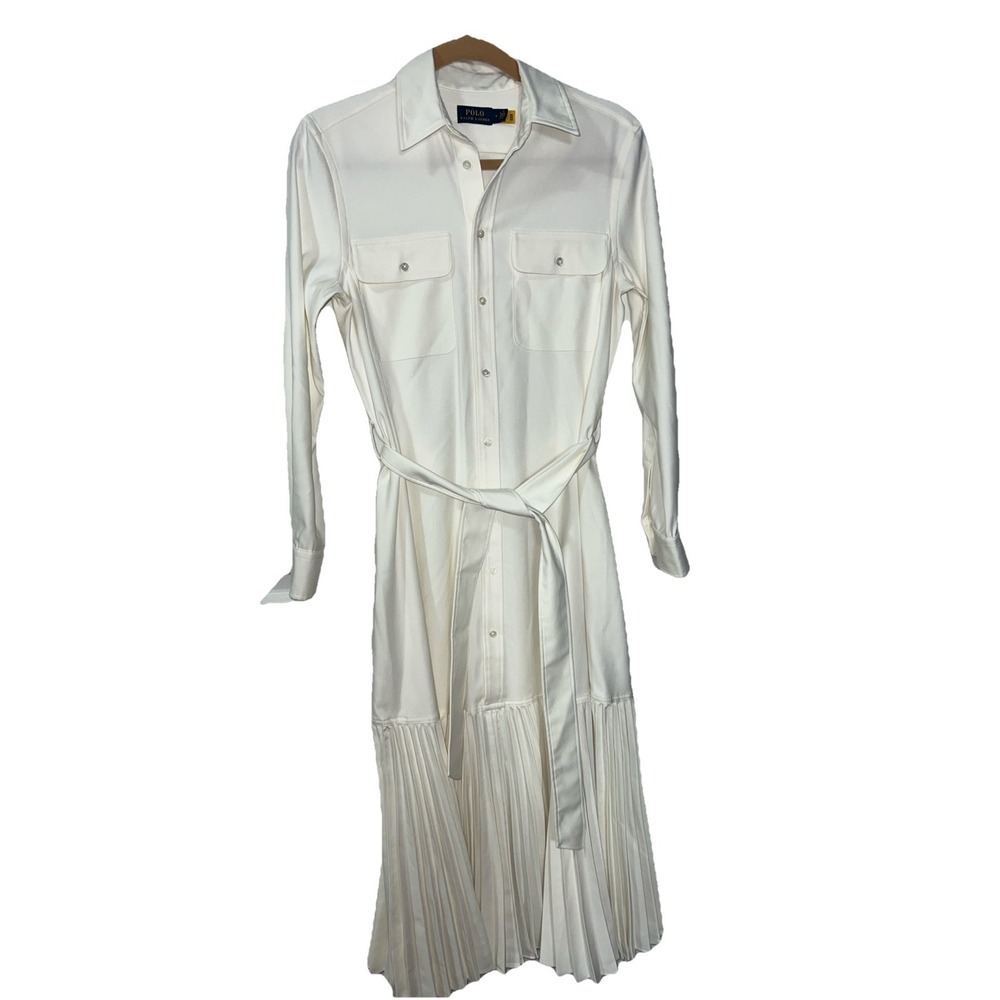 POLO‎ Ralph Lauren Shirt Dress Belted Split Hem Size 4 Pleated Lower Hem Ivory